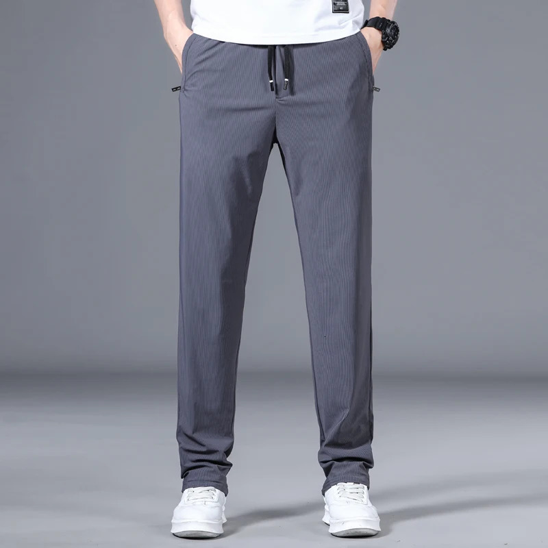 High Elastic Mens Pants Summer Thin Striped Straight Trousers Casual Soft Classic Solid Color Baggy Male Clothes Business Pant 240806