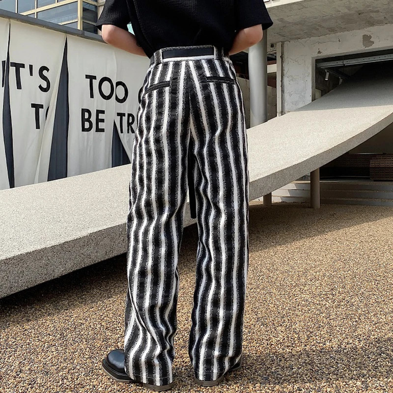 PFNW Chic Male Causal Trousers Belt Design Personality Washed Stripe Pockets Mens Wide Leg Pants Trend Spring 9C4001 240806