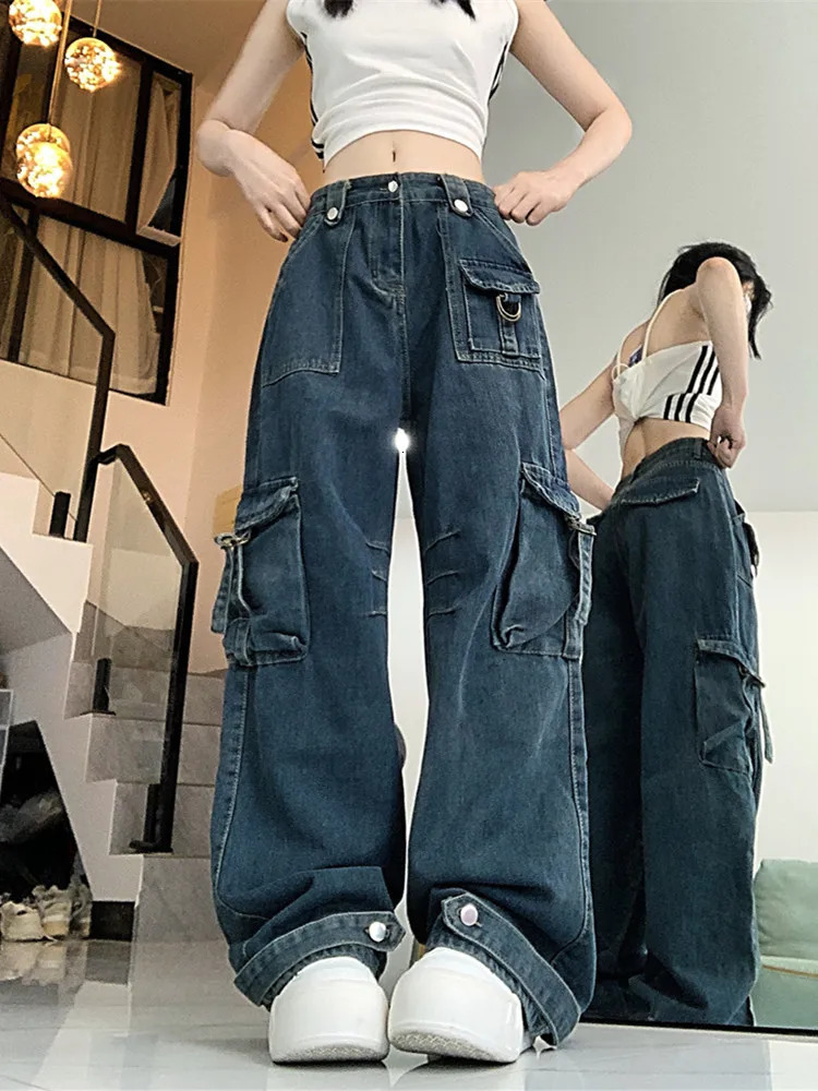 Roupa Y2K Streetwear Vintage Blue Multi Pockets Pleated Baggy Jeans Pants For Women Gothic Clothes Rock Lady Trousers 240807