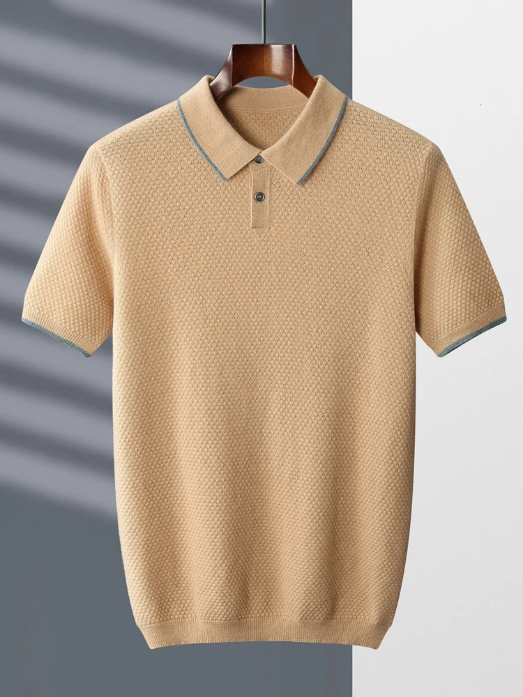 High quality spring and summer 100 pure cashmere mens sweater POLO collar knitted floral youth casual top short sleeved shirt 240807
