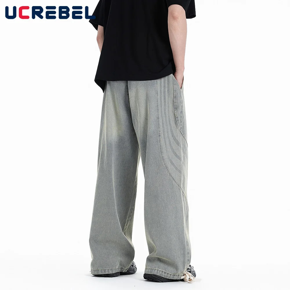 Spliced Wide Leg Jeans Mens High Street Washed Distressed Loose Denim Drawstring Jogger Pants Men 240806