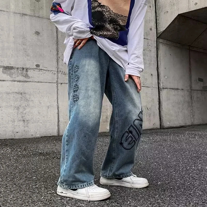 Fashion Letter Graffiti Brown Hip Hop Men Baggy Jeans Pants Y2K Clothes Straight Vintage Denim Trousers Pantalon Homme 240806