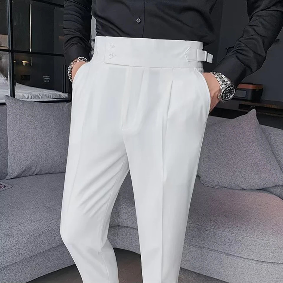 Male Trousers Suit Pants Spring Summer British Style Polyester Slight Stretch Slim Straight Business 240806