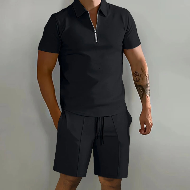 Summer Solid Color Mens Sets High Street POLO Collar Short Sleeve Zip Fastener Pullovers Elastic Waist Pockets Y2K Shorts 240806