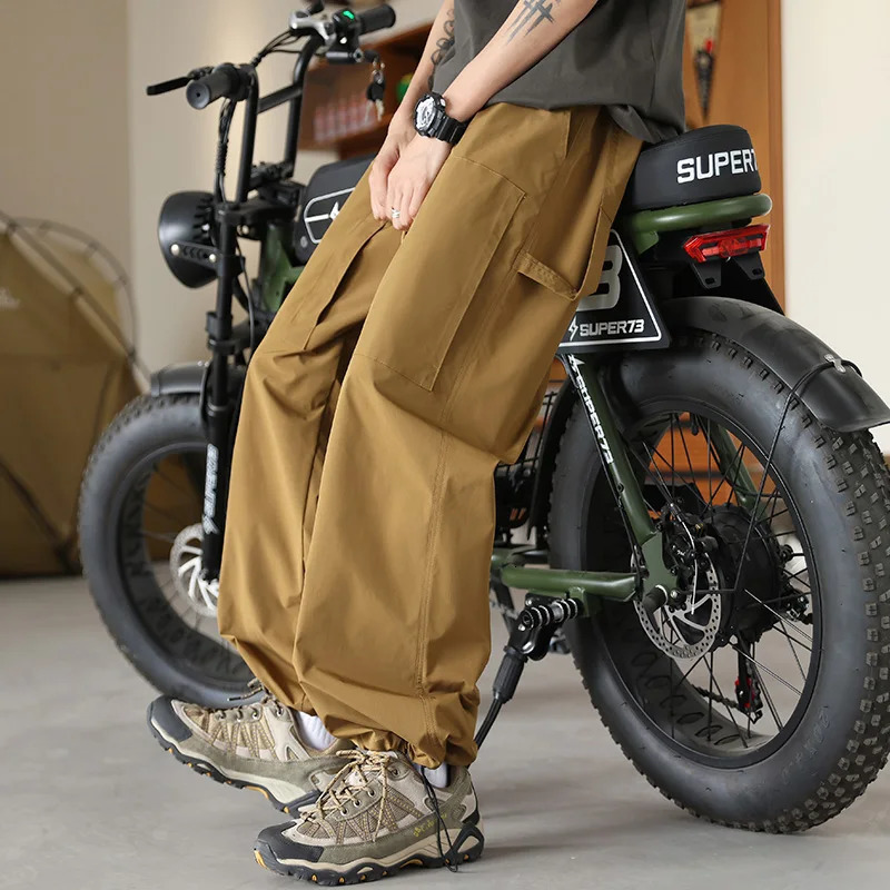 Boyfriend Cargo Bloomers Trousers Mens Clothing Casual Loose Solid Color Elastic High Waisted Pockets Spring Autumn Pants 240806