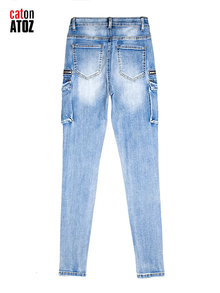 catonATOZ 2237 Women Spring Fashion Cargo Pants Summer Female Zipper Pocket Stretch Slim Jeans Skinny Denim Tousers 240807
