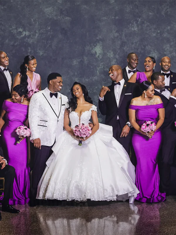 Chic Purple Mermaid Style Bridesmaid Gown Perfect for Guests at Your Wedding Ceremony Off-the-Shoulder Evening Gowns