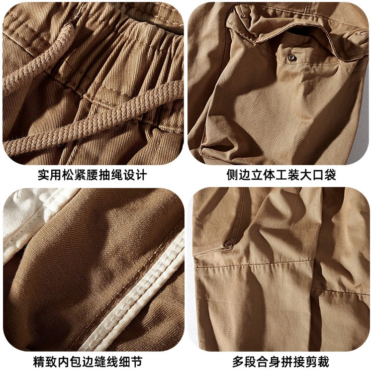 Military Retro Woven Tooling Pants Mens Fashion Pure Cotton Washed Old Casual Elastic Waist Drawstring Loose Multi Pocket 240806