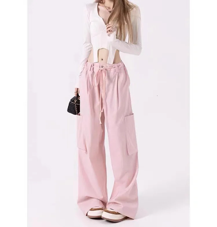 Big Pockets Cargo Women Streetwear Joggers Female High Waist Wide Leg Pants Casual Girl Retro Vintage Drawstring Trousers Z260314