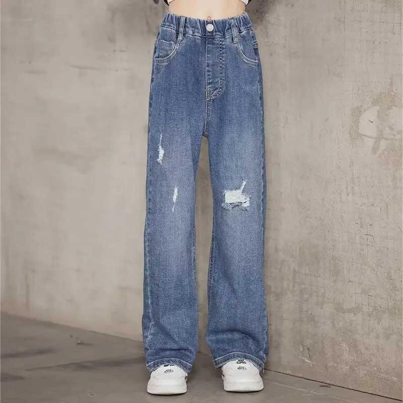 Jeans Girls Jeans Spring And Summer New Style Childrens Straight-leg Medium And Large Childrens Wide-leg Spring Loose Trousers