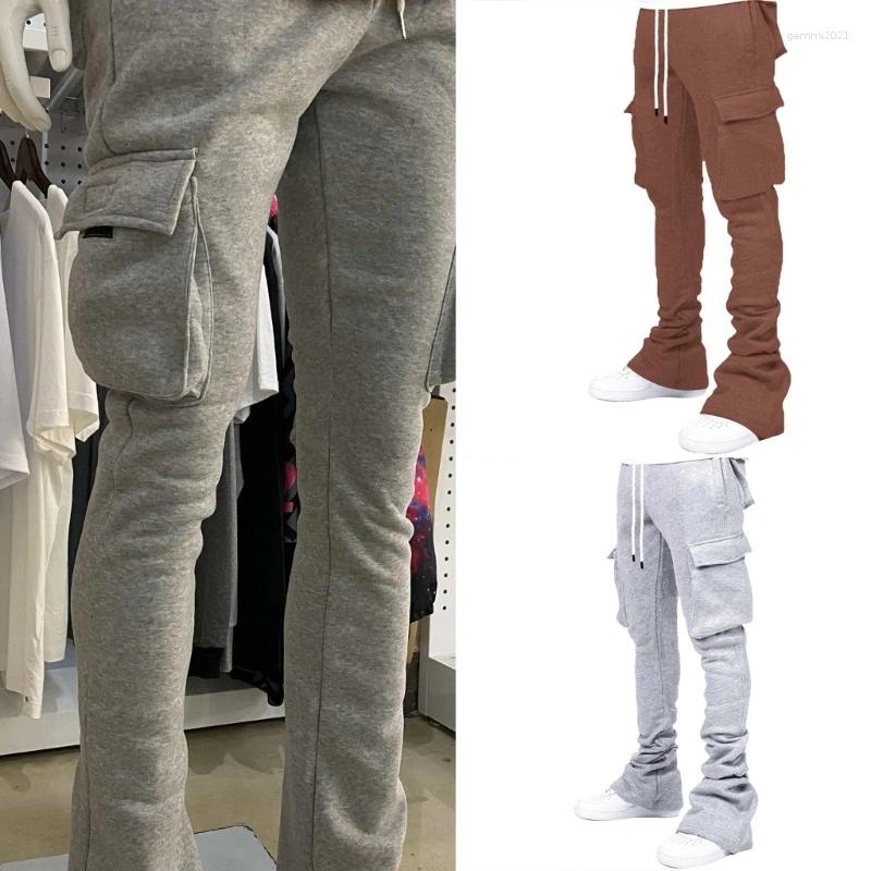 Men's Pants Mens Drawstring Waist Jogger Solid Color Pile Up Stacked Cargo Workout Running Sport Sweatpants With Multi Pockets