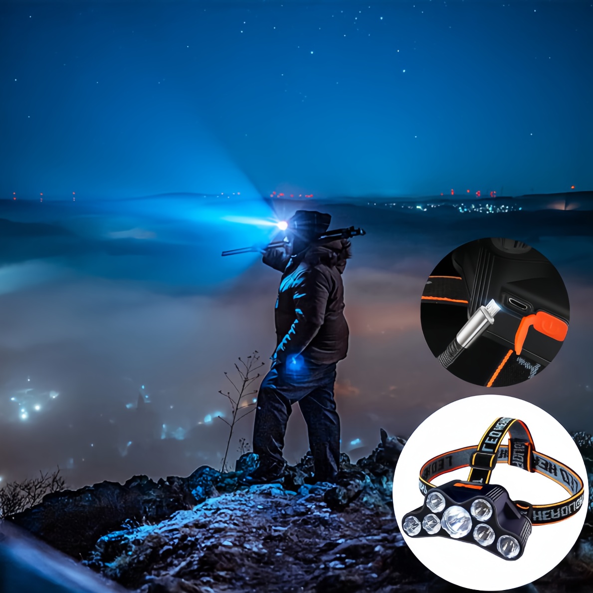 Rechargeable Portable Outdoor LED Headlamp with 7 High-Power Lightheads for Night Fishing & Mining Activities