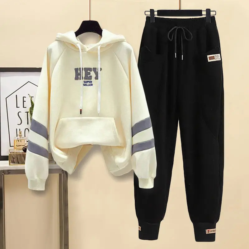 Summer Contrast Stitched Letter Printed Hoodieloose Casual Work Clothes Trousers Two-piece Set Womens Sports Running Suit 240807