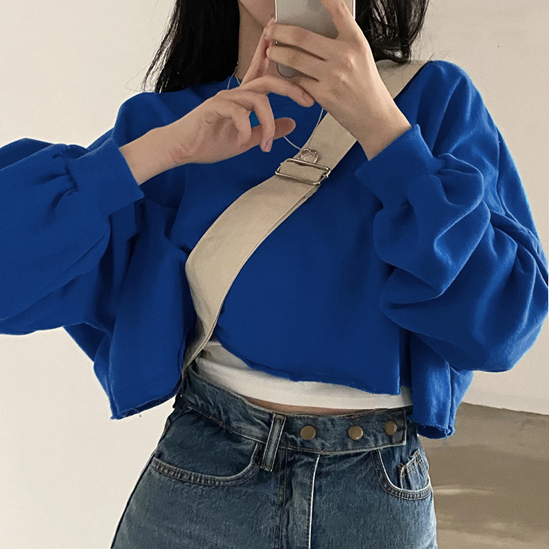 Short hoodie women's autumn solid color new loose fitting open navel round neck top
