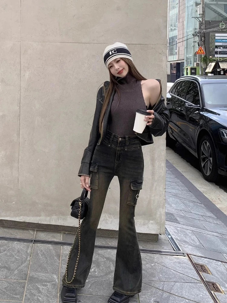 Women Japanese Streetwear Low Rise Flare Jeans 2000s Aesthetic Y2k Black Denim Pants Bell Bottom Gyaru Harajuku Fashion Vintage 240807