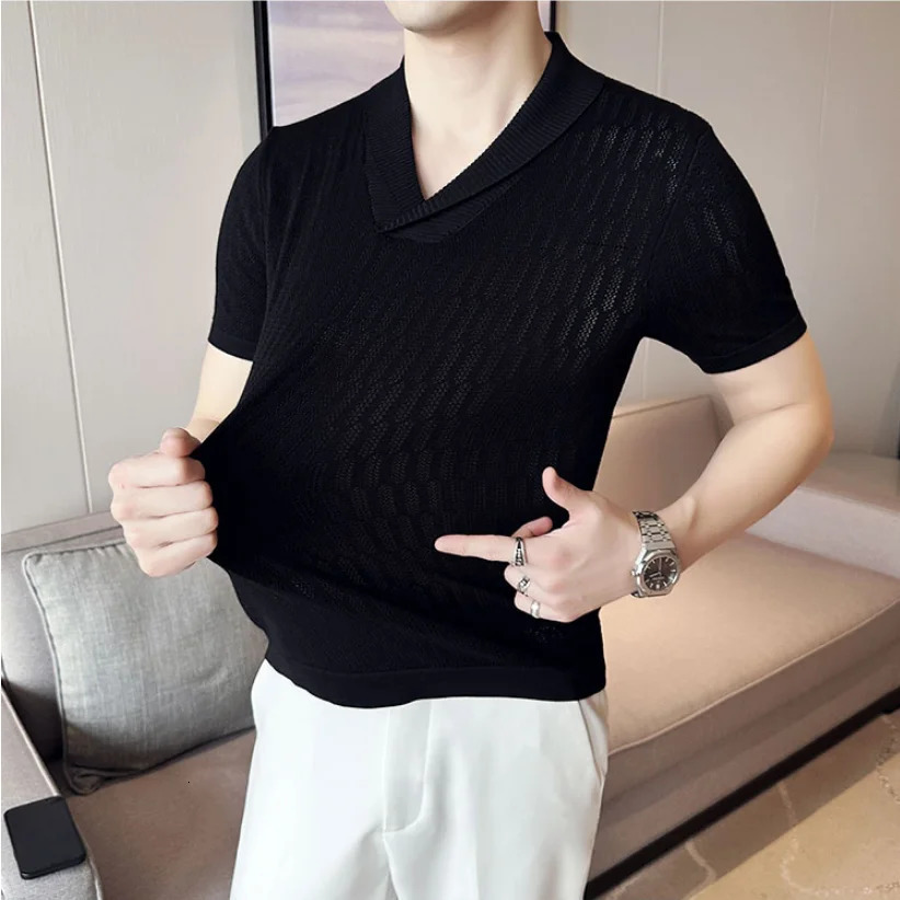 Summer slim fit fitness elastic Tshirt mens tee top ice silk short sleeved Vneck knitted solid color S3XL 240807