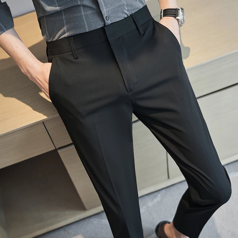 Mens English Style Solid Highwaisted Casual Slim Fit Pants Highquality Dress Business Leisure 36 240806