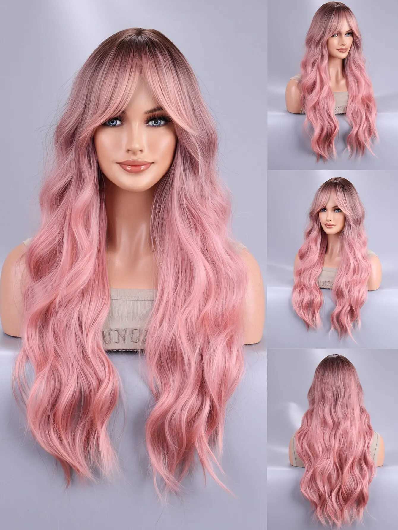 Long Body Wave Ombre Black Pink Cosplay Wigs Heat Resistant Synthetic Wigs Middle Part Natural Lolita Wigs For WomenXJ241008