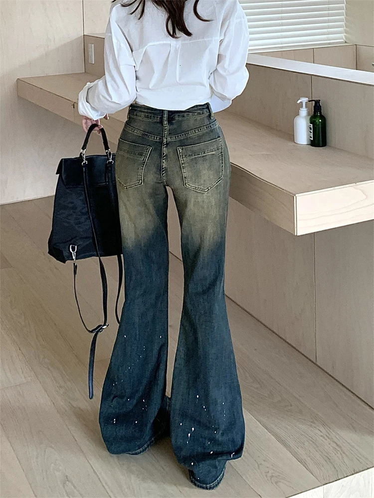 Fashion Blue Denim Flare Pants Women High Waist Slim Bell Bottoms Female Jeans Y2K Streetwear Gyaru Vintage American Retro 240807