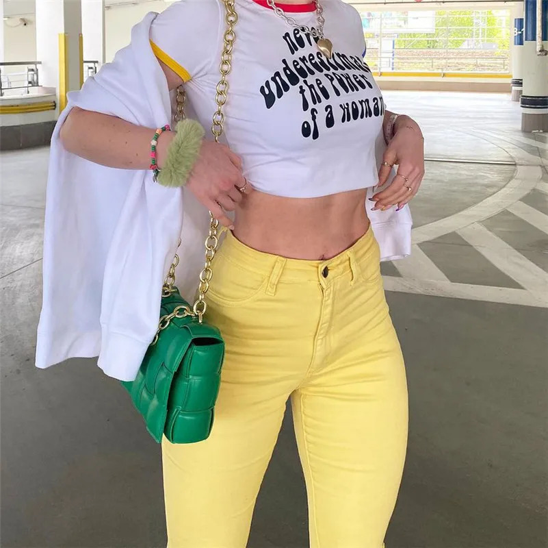 Women Stretch Flare Yellow Ripped Jeans Lady Vintage Y2K Punk High Waist Denim Pants Lady Streetwear Bell Bottom Slim Trousers 240807
