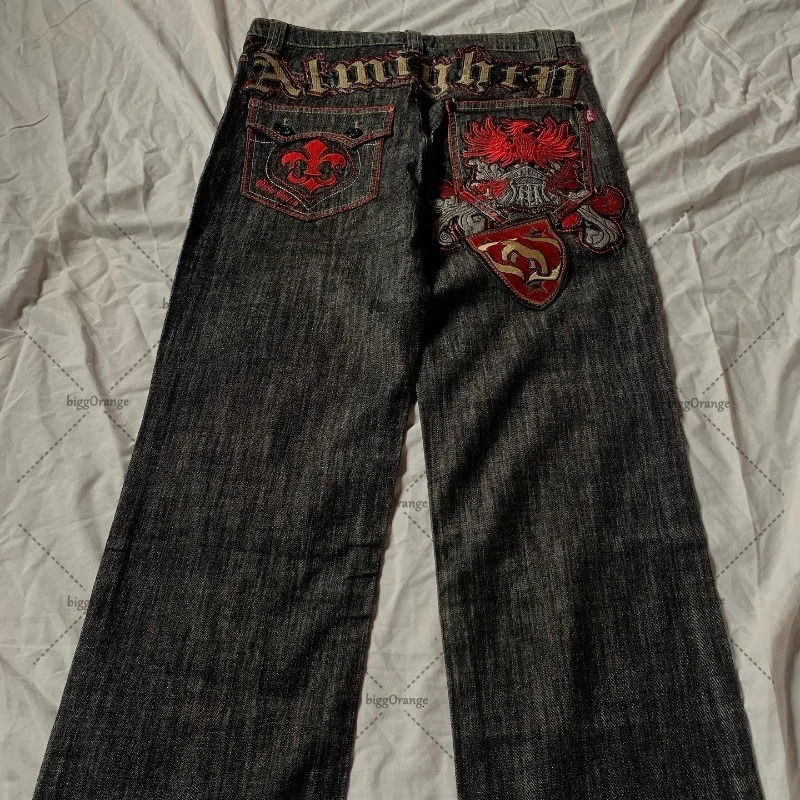 Y2k Baggy Jeans American Patchwork Letter Combination Embroidered Men Street Fashion Gothic Harajuku Style Wideleg Pants 240806