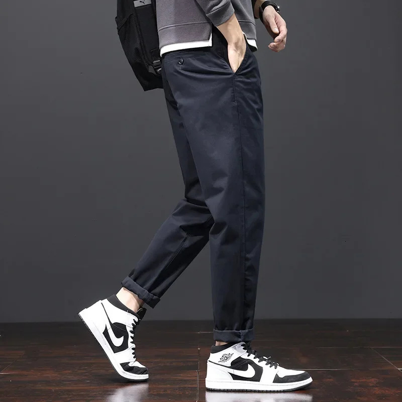 Pants Men Business Straight Cotton Trousers Stretch Boy Elastic Slim Fit Casual Big Plus Size 42 44 Black Khaki Blue Clothes 240806