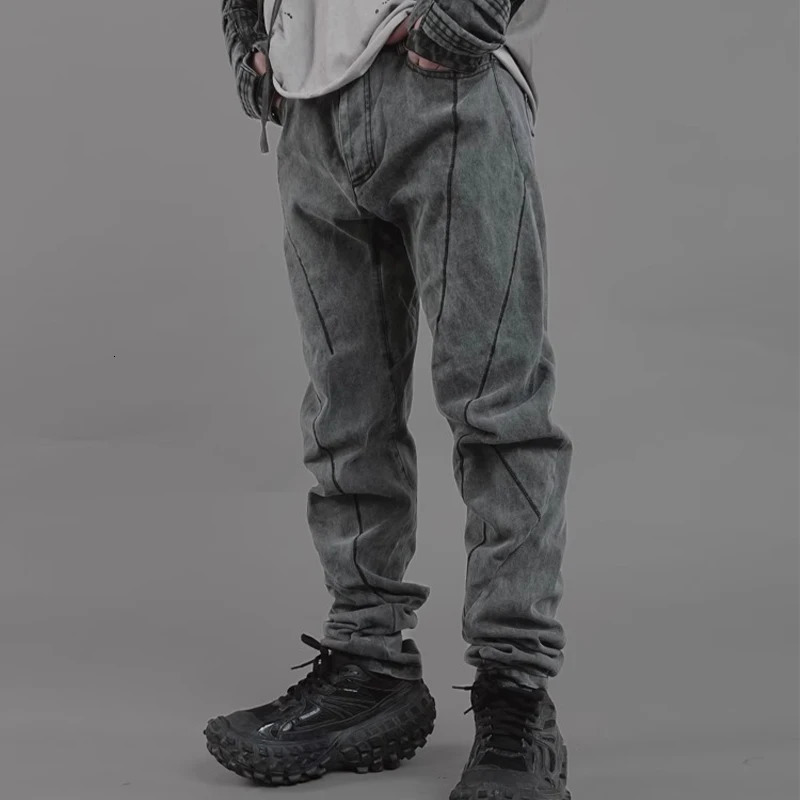 Sand Style Spiral Curve Cutting Straight Casual Pants Men Washed Distressed Grey Trousers 240806