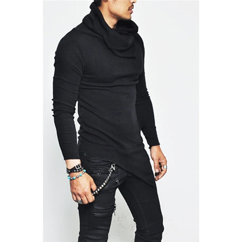 Size 5XL mens hoodie unbalanced hem pocket long sleeved sweatshirt clothing autumn turtle neck top 240806