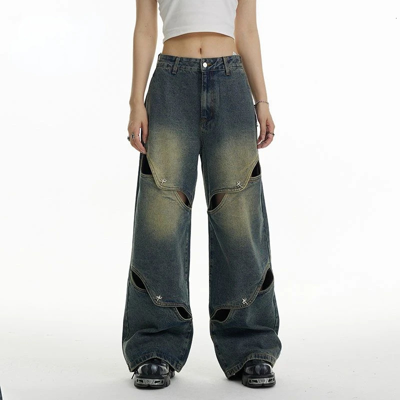 Men And Women Ragged Pants Splicing Washed Hollow Jeans Y2K American Retro Gothic Punk Style Loose Casual Wideleg 240806