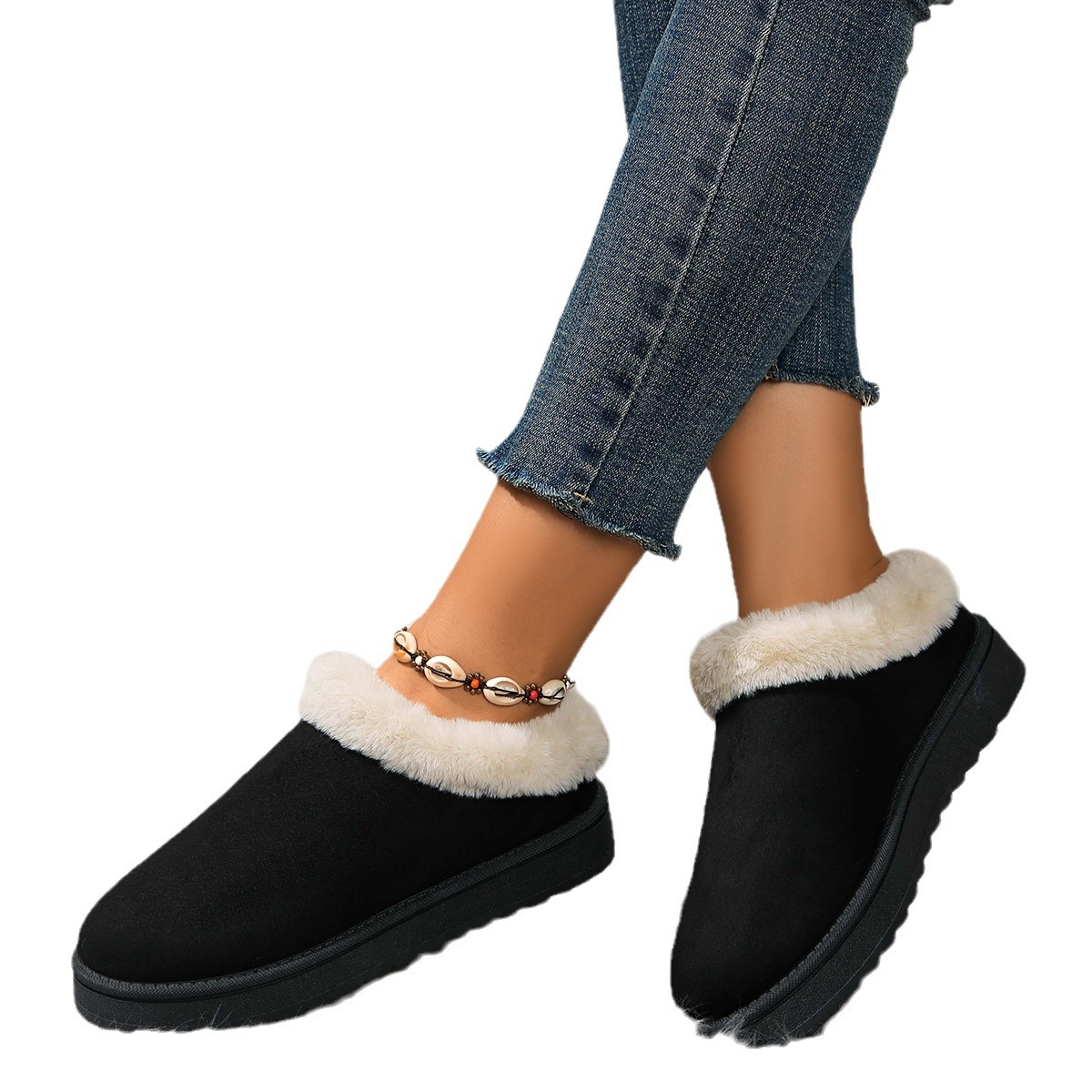 2025 Fashion Hairy Mouth Snow Boots Womens Winter New Style Thick Bottom Short Tube One Step Lazy Large Cotton Shoes