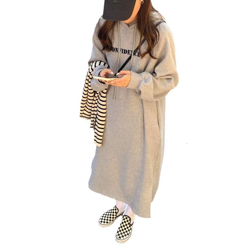 Autumn/Winter New Korean BF Style Split Hem, Loose Slim, Plush and Thick Over Knee Hoodie Long Dress