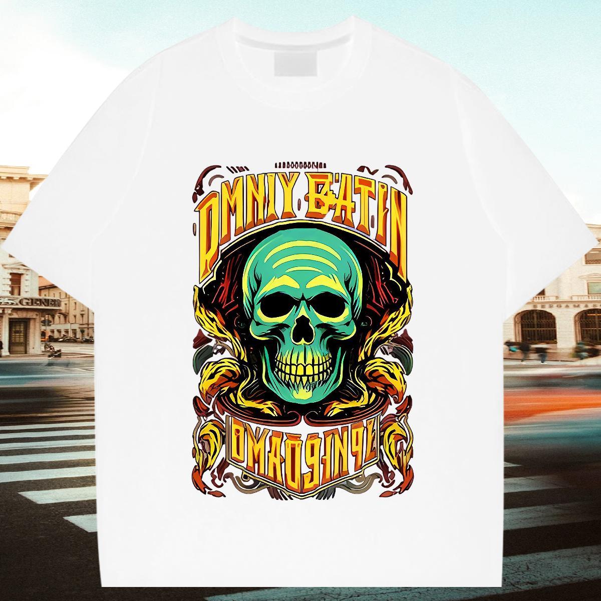 Brand Men T Shirts skull Clothes 230g Pure Cotton Spring Summer Loose Fit DIY Logo Oversized Crew Neck Breathable Tshirts