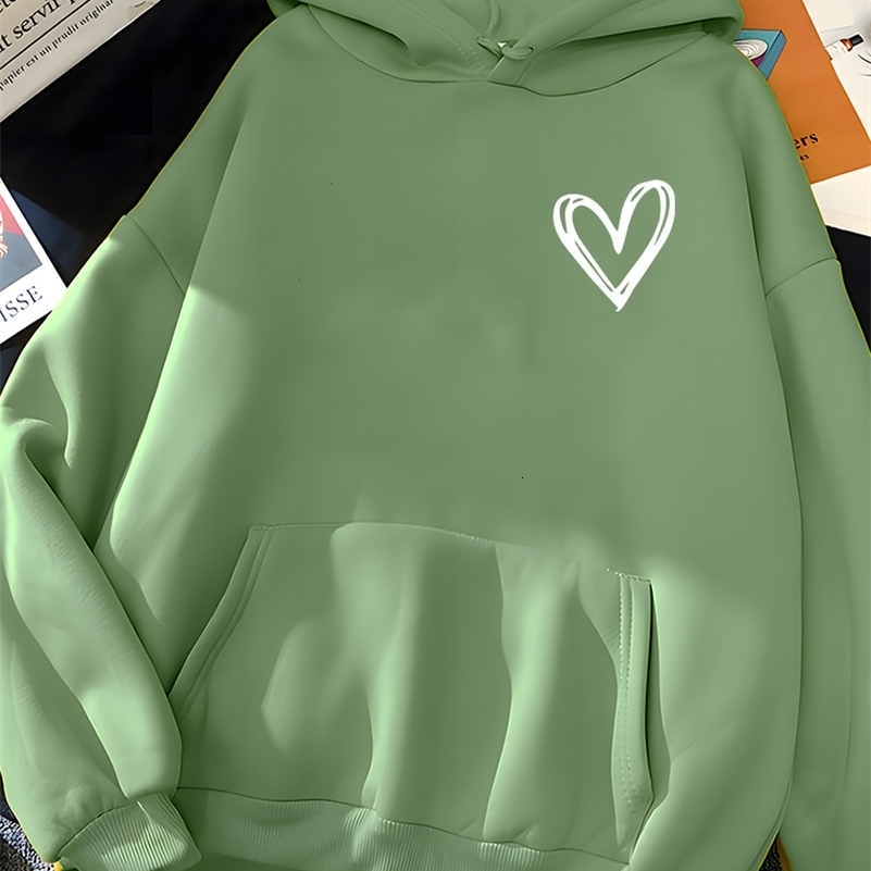 Hirsionsan Simplic Heart Print Women Sweatshirt Soft Casual Loose Vintage Female Hoodies Winter Warm Fleece Student Tops 240806