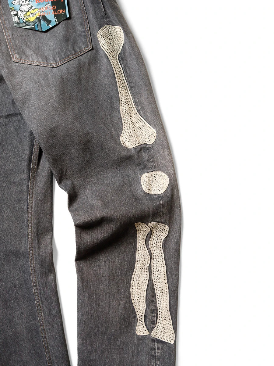 Trendy Harajuku Street Y2K Bone Embroidered Jeans Mens Loose Straight Pants Washed Gray Jeans Mens Summer Hip-hop Trousers 240806