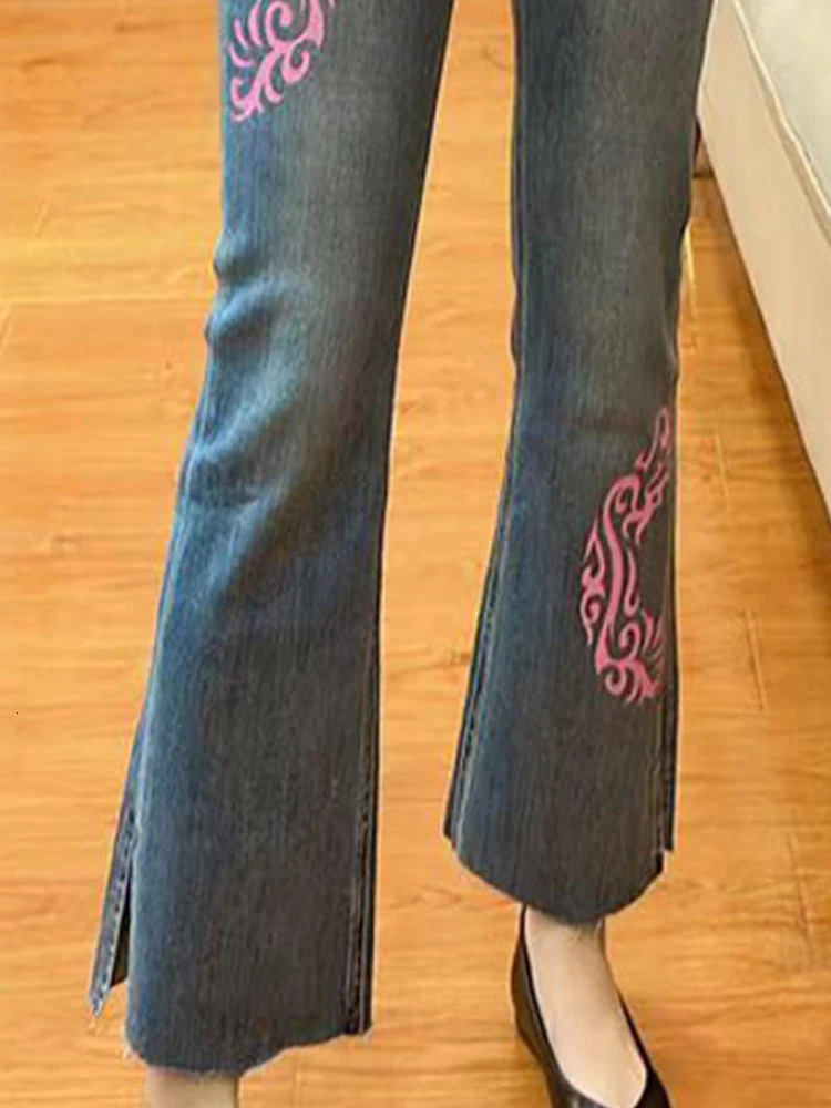 Women Harajuku Denim Flared Pants Jeans Bell Bottoms Trousers Y2k Streetwear 2000s Aesthetic Japanese Fashion 240807
