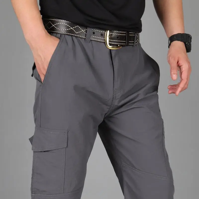Spring Autumn Mens Clothing Solid Color High Waisted Pockets Button Zipper Casual Trousers Straight Cargo Preppy Style Pants 240806