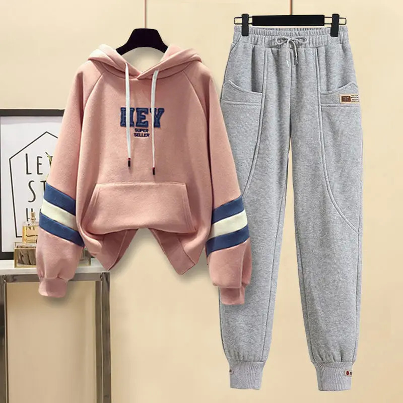 Summer Contrast Stitched Letter Printed Hoodieloose Casual Work Clothes Trousers Two-piece Set Womens Sports Running Suit 240807
