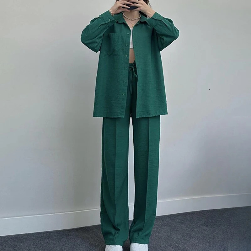 Fashion High Street Lace Up Outfits Spring Autumn Multi Color Women Two Piece Set Casual Collar Button Shirt Pants Sports Suit 240807