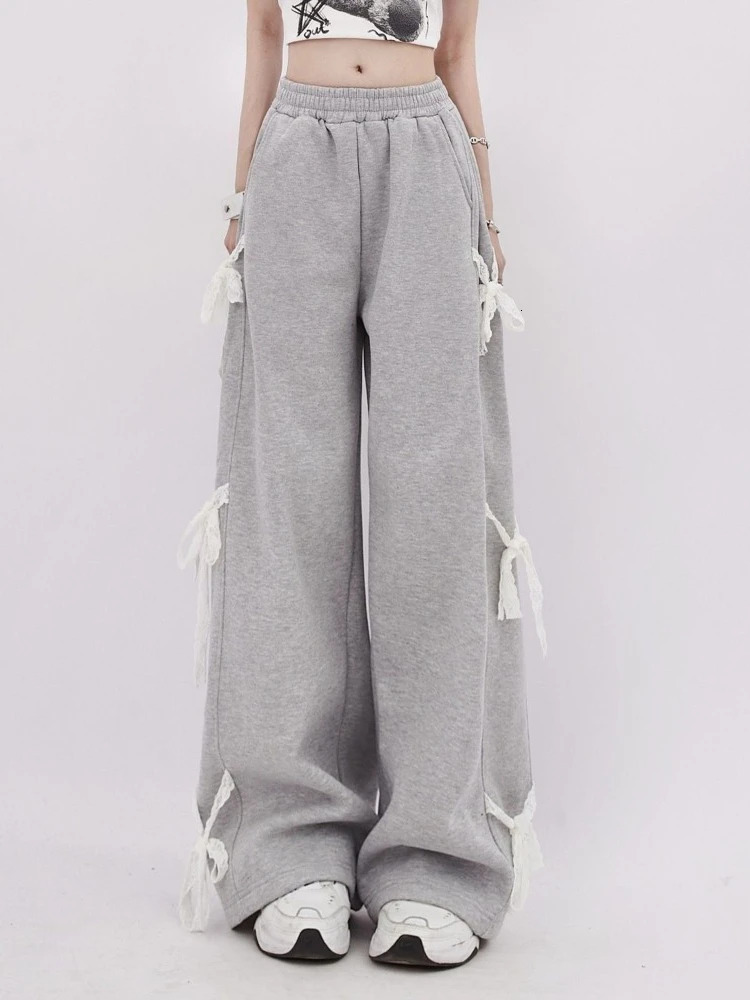 HOUZHOU Y2k Kawaii Sweet High Waist Wide Leg Pants Korean Style Fashion Streetwear Bow Bandage Loose Sweatpant Soft Gril 240807