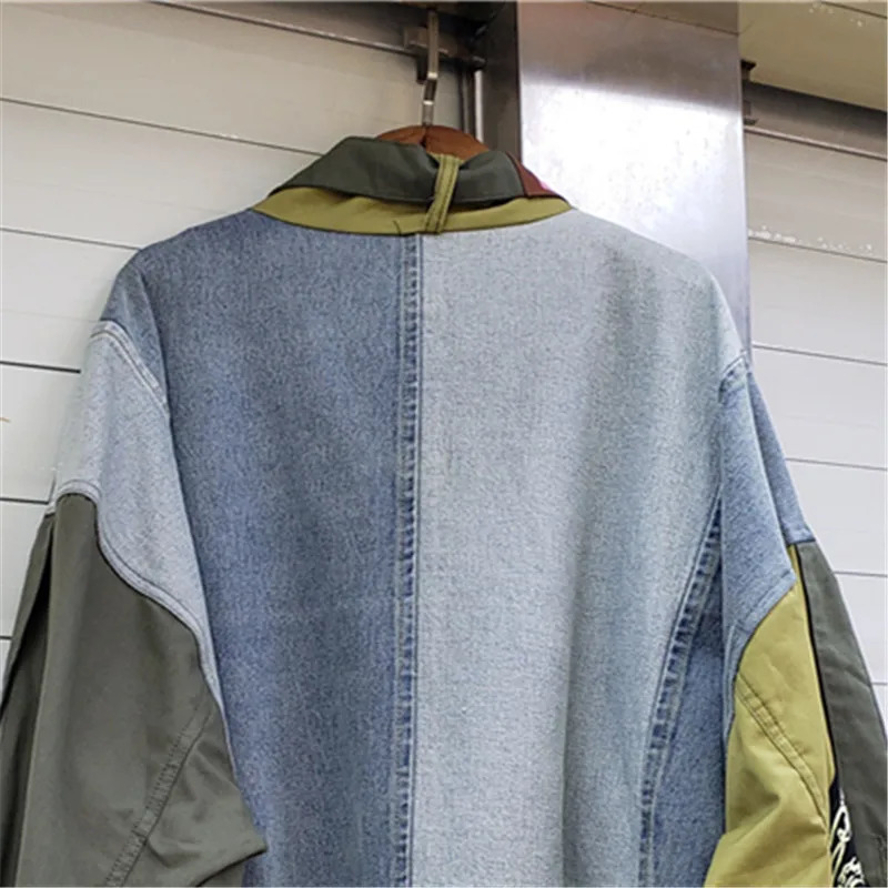 Army Green Print Jeans Splice Jacket Women Outerwear Streetwear Autumn Loose Short Big Pocket Long Sleeve Denim Jacket Female 240806