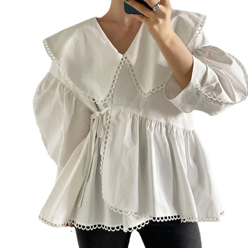 Irregular Lace Up Slim Waist Vintage Blouse Women Korean Style Chic Loose Casual Streetwear Shirts Spring Autumn Blusas 240816