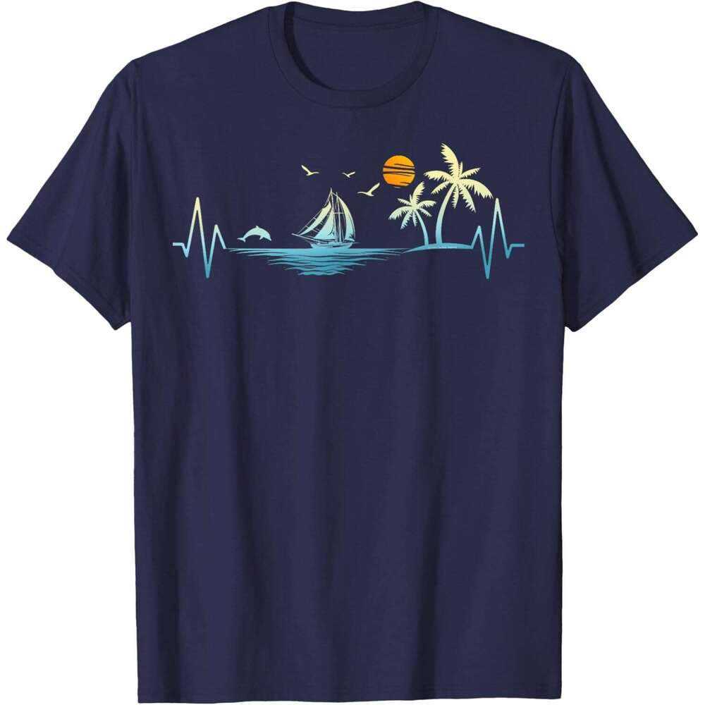 Mens T shirt Heartbeat with Sailboat Tropical Palm Trees Beach Island T-Shirt shirts tshirt graphic tee Casual tops summer clothes Short sleeve Free s