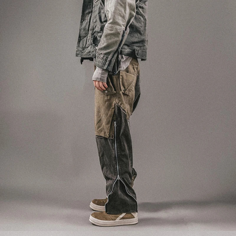 Techwear Women Drawstring Design Zipper Leg Stitching Contrast Color Washed Mens Casual Style Distressed Pants 240806
