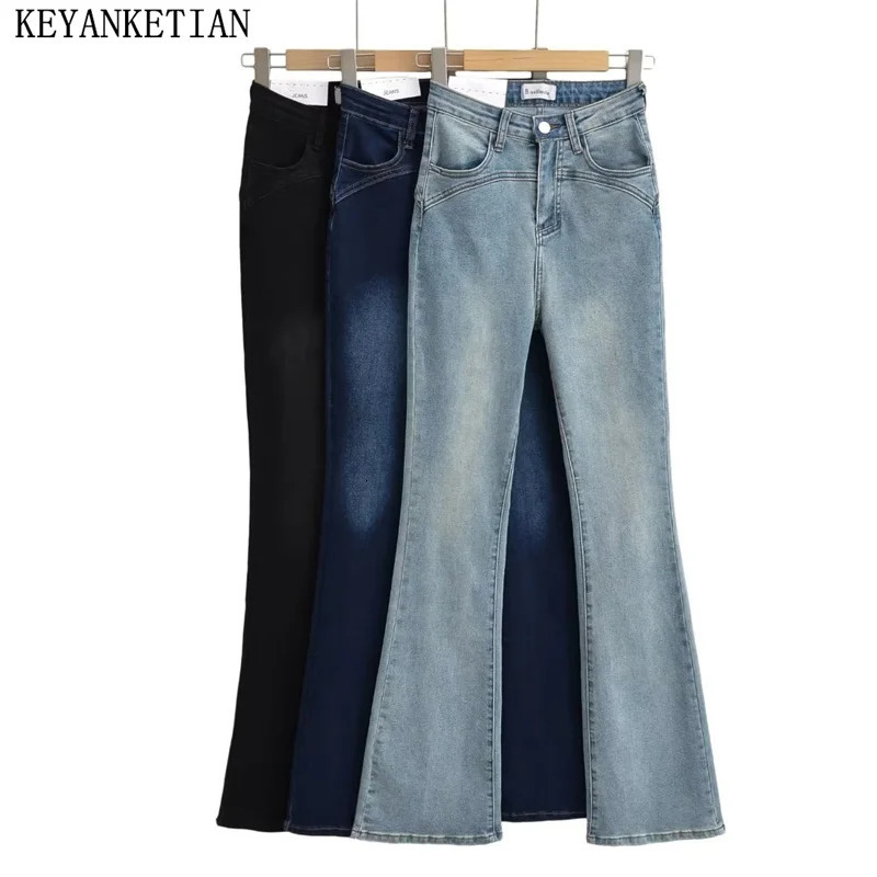 KEYANKETIAN Autumn Womens Denim bell Bottoms Jeans High waist Zip-up Slim-Fit Hip-Lifting Pants Y2K Vintage Long Trousers 240807