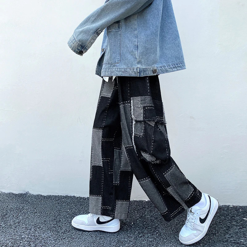 Korean fashion loose wide leg jeans mens hip-hop mens denim harem straight pants freight denim jeans street bag casual denim240806