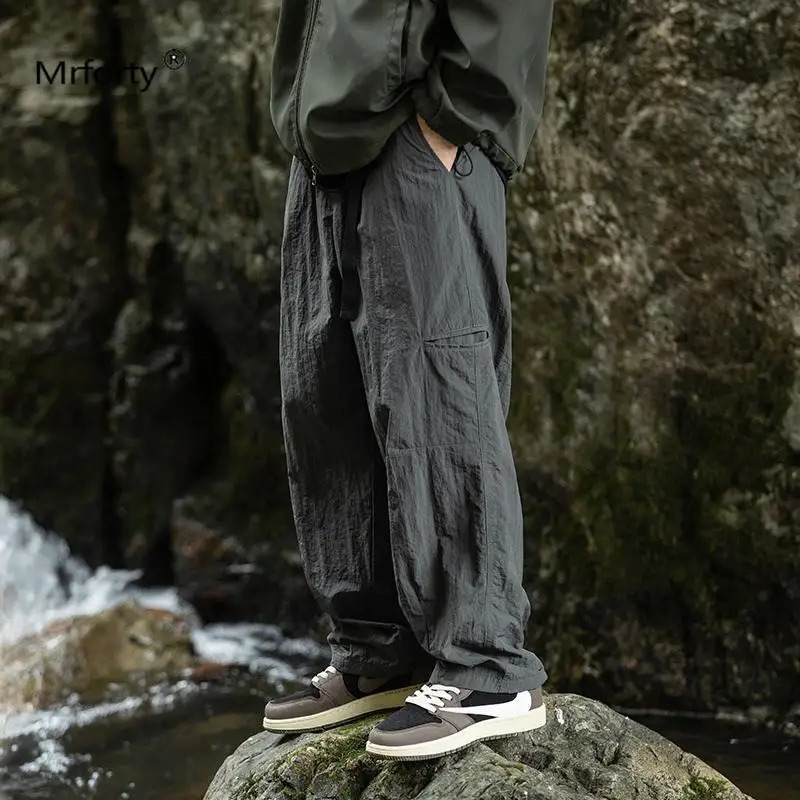 Spring Autumn Solid Color Fashion Elastic Waist Cargo Pants Man High Street Cotton Loose Pockets Patchwork Straight 240806