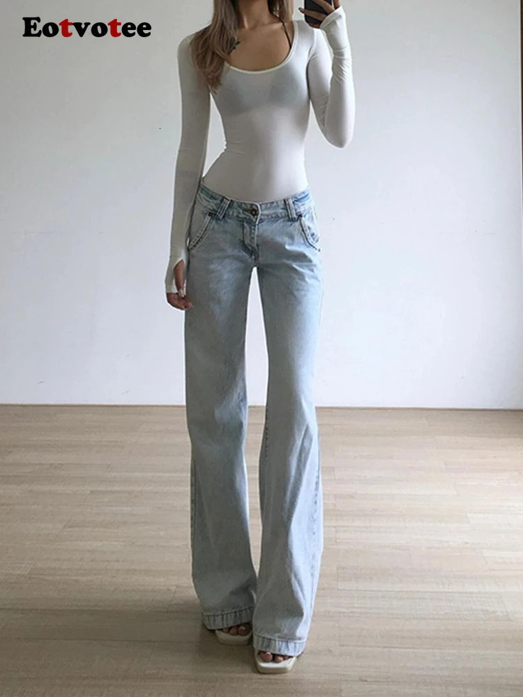EOTVOTEE Vintage Blue Low Waist Jeans for Women American Streetwear Fashion Button Pockets Full Length Y2k Straight Pantalons 240807