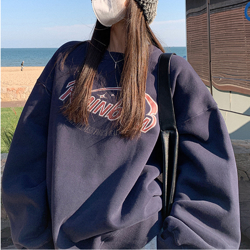 Plush loose casual hoodie for women in autumn and winter, ancient round neck long sleeved base shirt, top, clothing