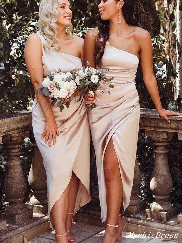 Short Mermaid Champagne Bridesmaid Dresses with Slit African Girl Wedding Party Evening Dress Robes De Soiree Mariage Custom