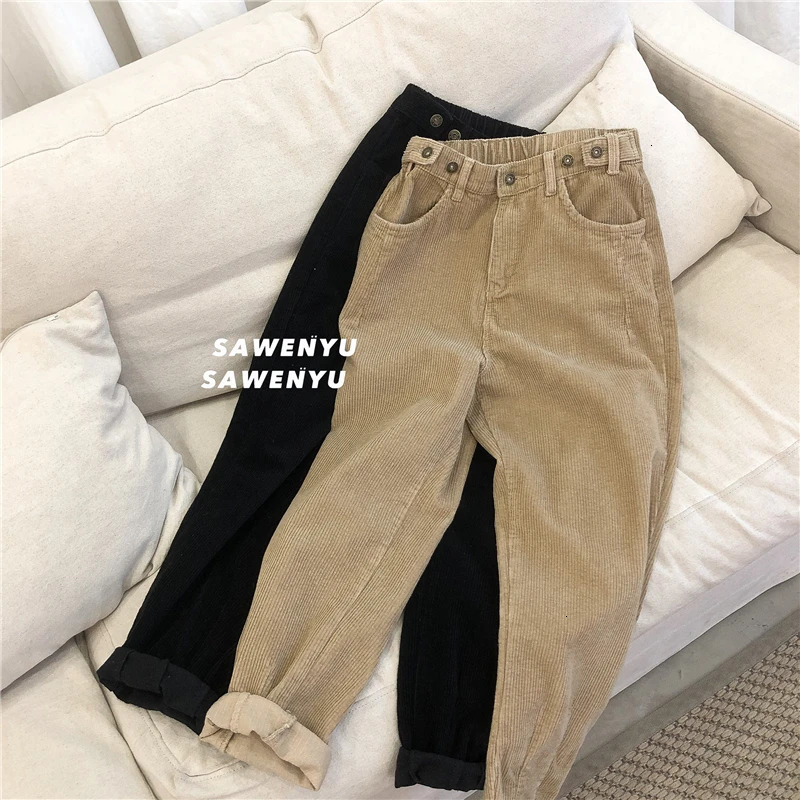 Corduroy Pants Men Fashion Retro Casual Solid Color Straight Streetwear Khaki Black Harem Mens Vintage Trousers 240806